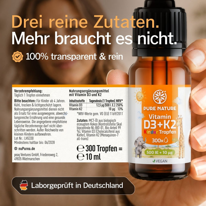 Pure Nature Kinder Vitamin D3 K2 Tropfen MCT-Öl - 500 I.E. | nuPurea