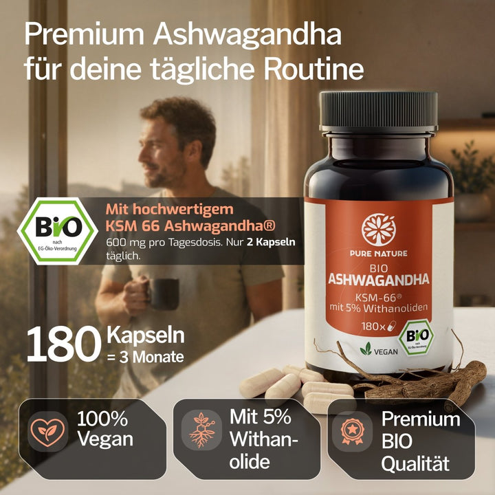 Bio Ashwagandha KSM-66, 180 Kapseln, 600 mg je Tagesdosis