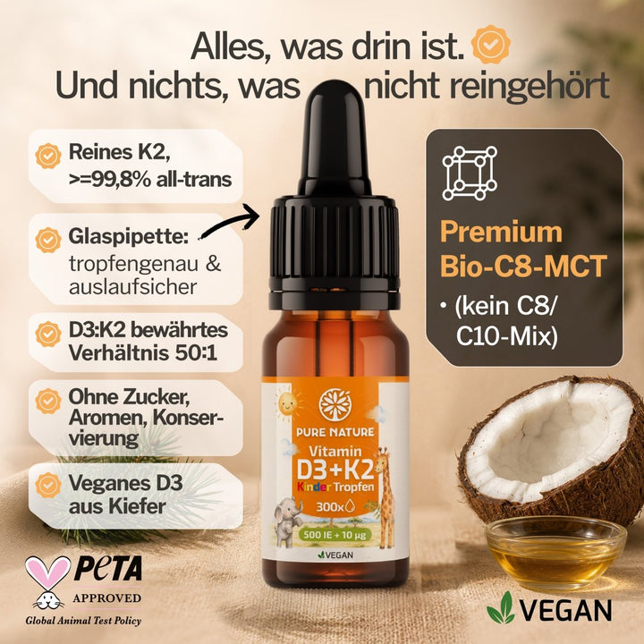 Pure Nature Kinder Vitamin D3 K2 Tropfen MCT-Öl - 500 I.E. | nuPurea
