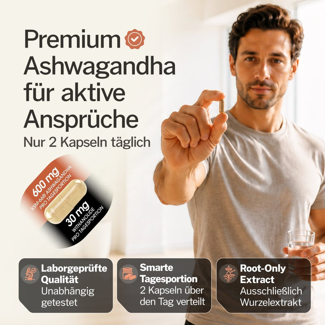 Mann hält Kapsel, Bio Ashwagandha KSM-66 mit 600 mg