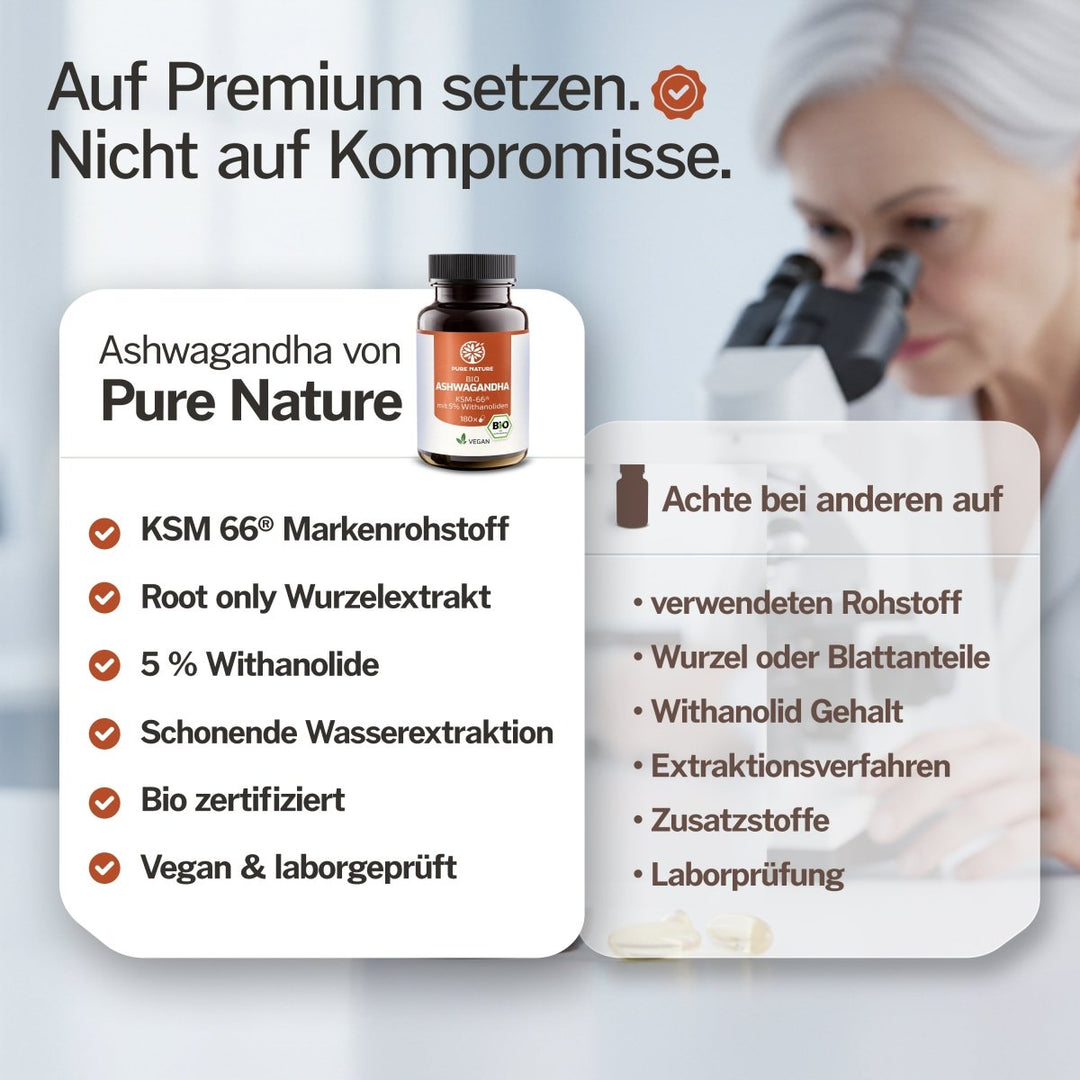 Vergleich Ashwagandha von Pure Nature: KSM-66, Root only, 5 Prozent Withanolide