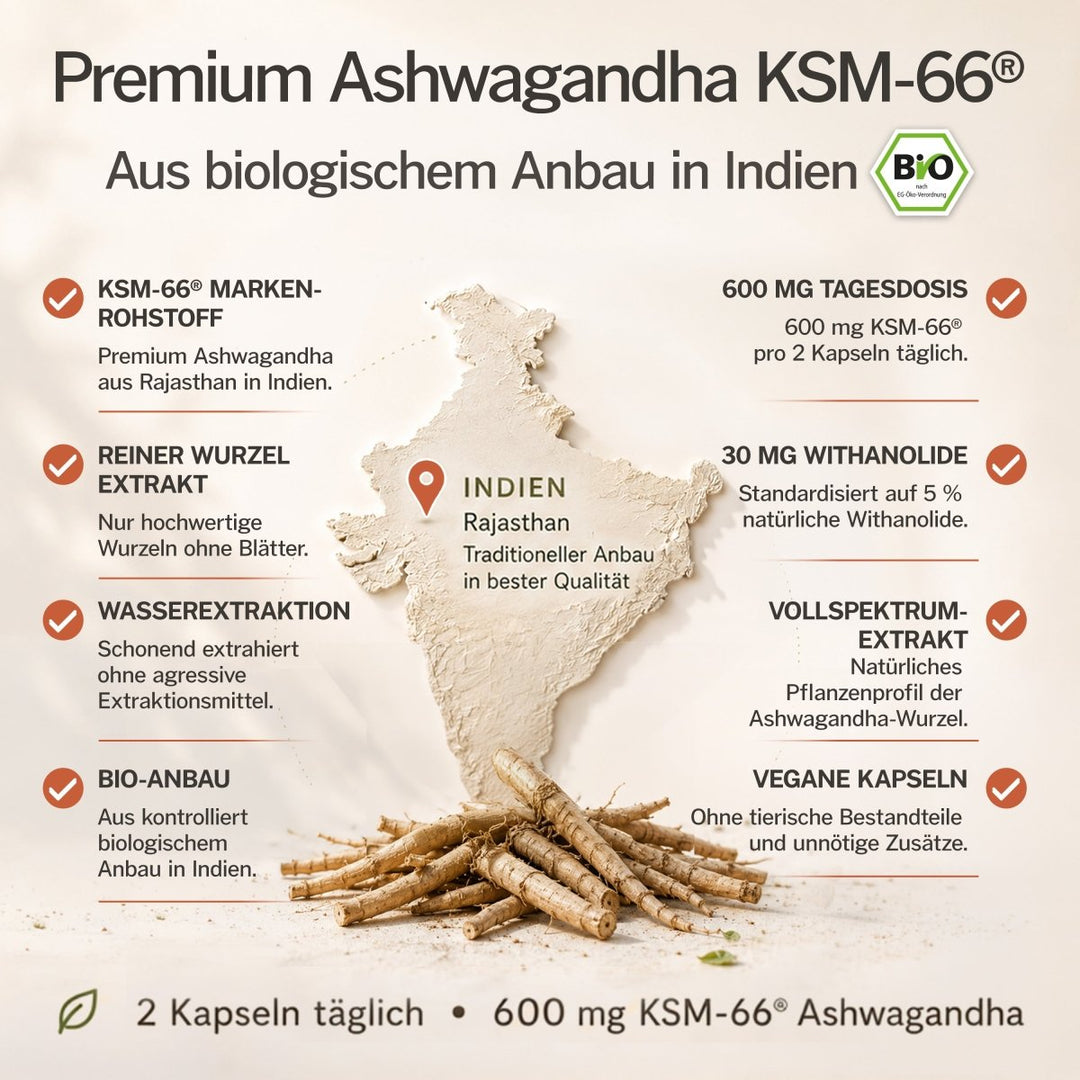 Bio Ashwagandha KSM-66 aus biologischem Anbau in Indien, 30 mg Withanolide