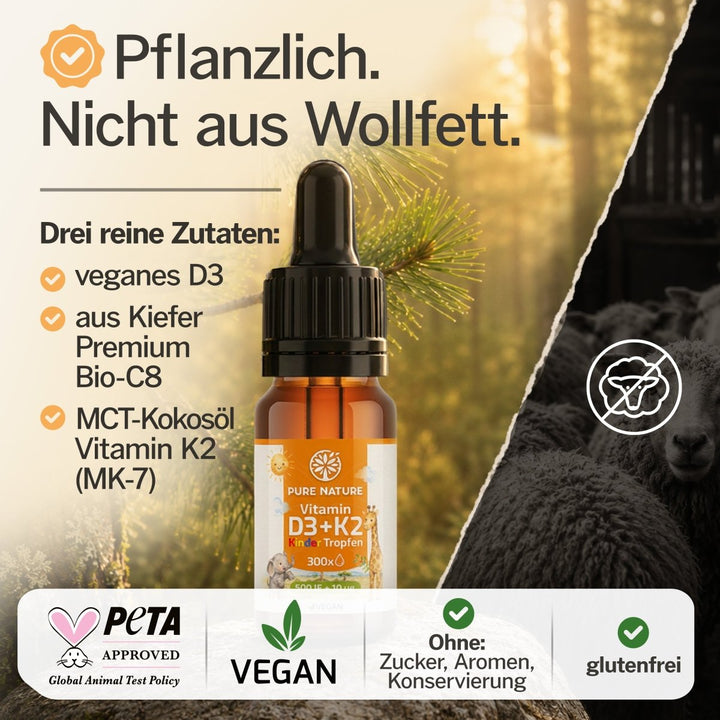 Pure Nature Kinder Vitamin D3 K2 Tropfen MCT-Öl - 500 I.E. | nuPurea