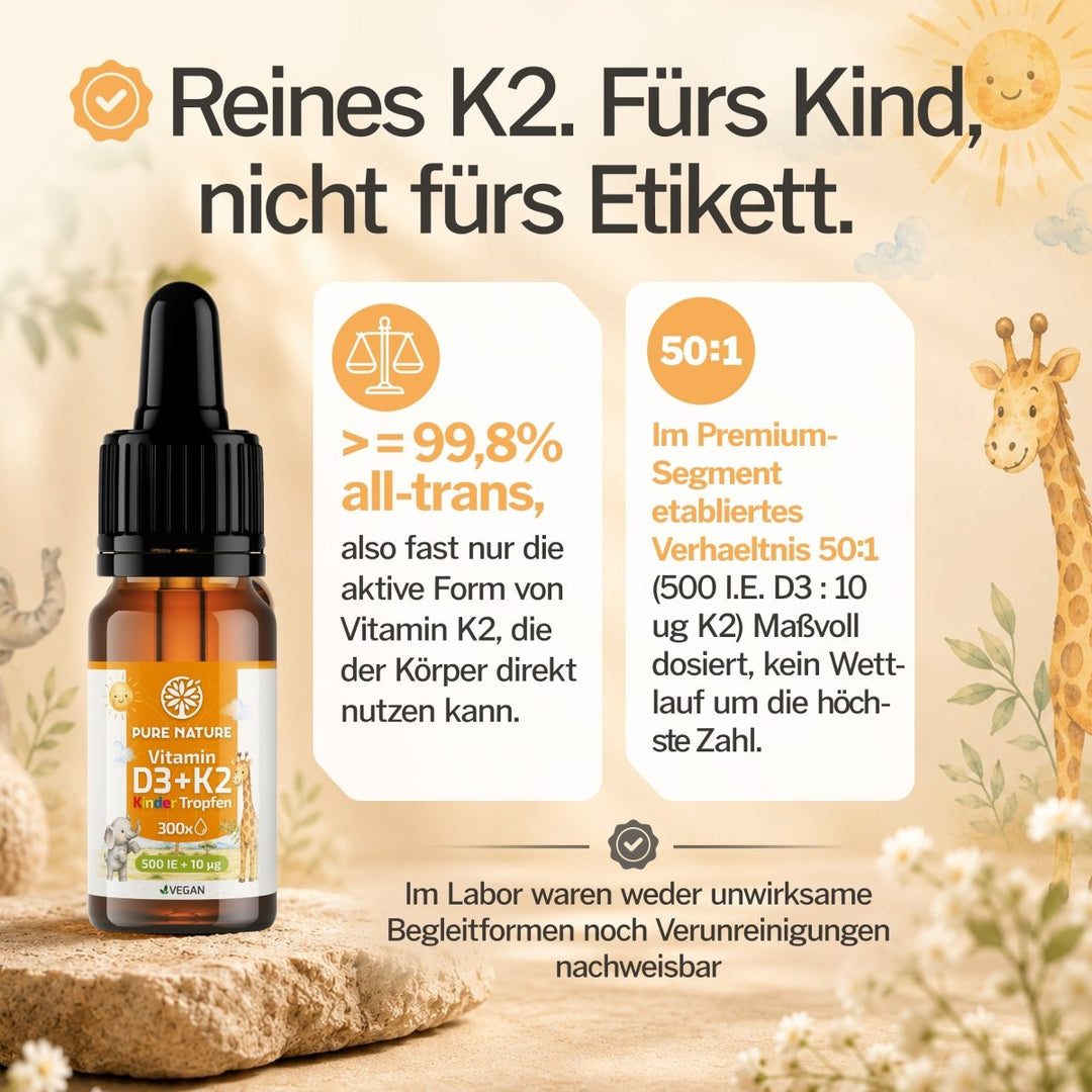Pure Nature Kinder Vitamin D3 K2 Tropfen MCT-Öl - 500 I.E. | nuPurea