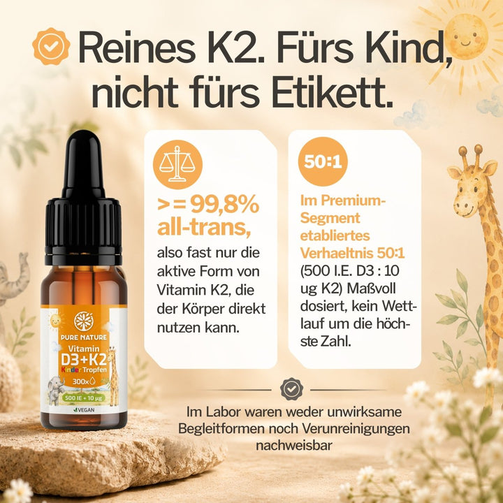Pure Nature Kinder Vitamin D3 K2 Tropfen MCT-Öl - 500 I.E. | nuPurea