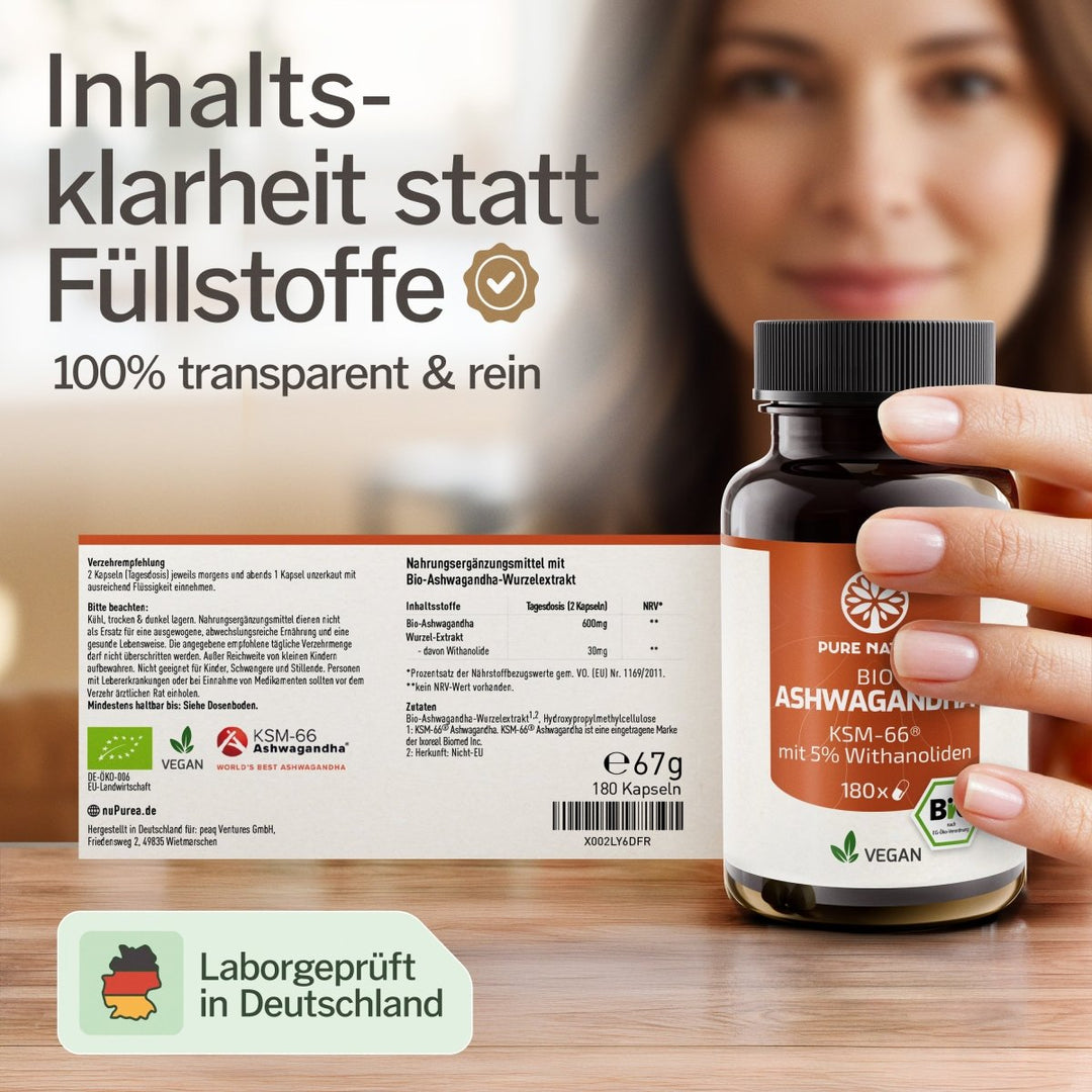 Inhaltsklarheit: Bio Ashwagandha ohne Füllstoffe, 100 Prozent transparent