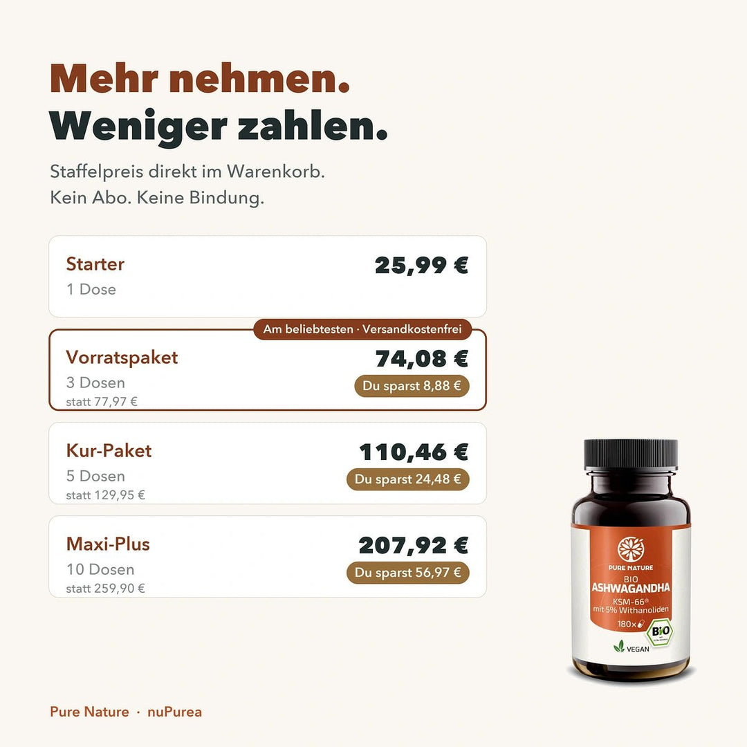 Pure Nature Bio Ashwagandha KSM-66® vegan – 180 Kapseln (600 mg) - Staffelpreise 1, 3, 5 und 10 Dosen mit Ersparnis
