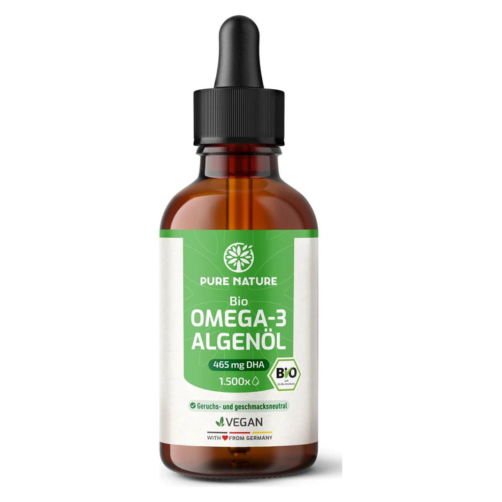 Pure Nature Omega-3 Bio-Algenöl vegan - Bild 1: Bio-Algenöl 50 ml Flasche mit Pipette, freigestellt