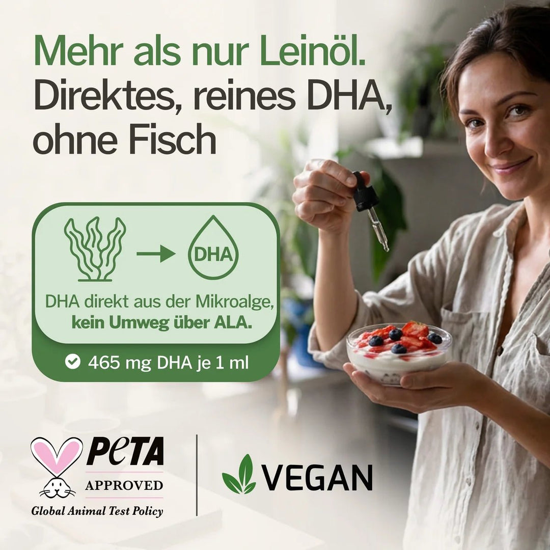 Pure Nature Omega-3 Bio-Algenöl vegan - Bild 4: Direktes DHA ohne Umweg über ALA, PETA Approved und vegan