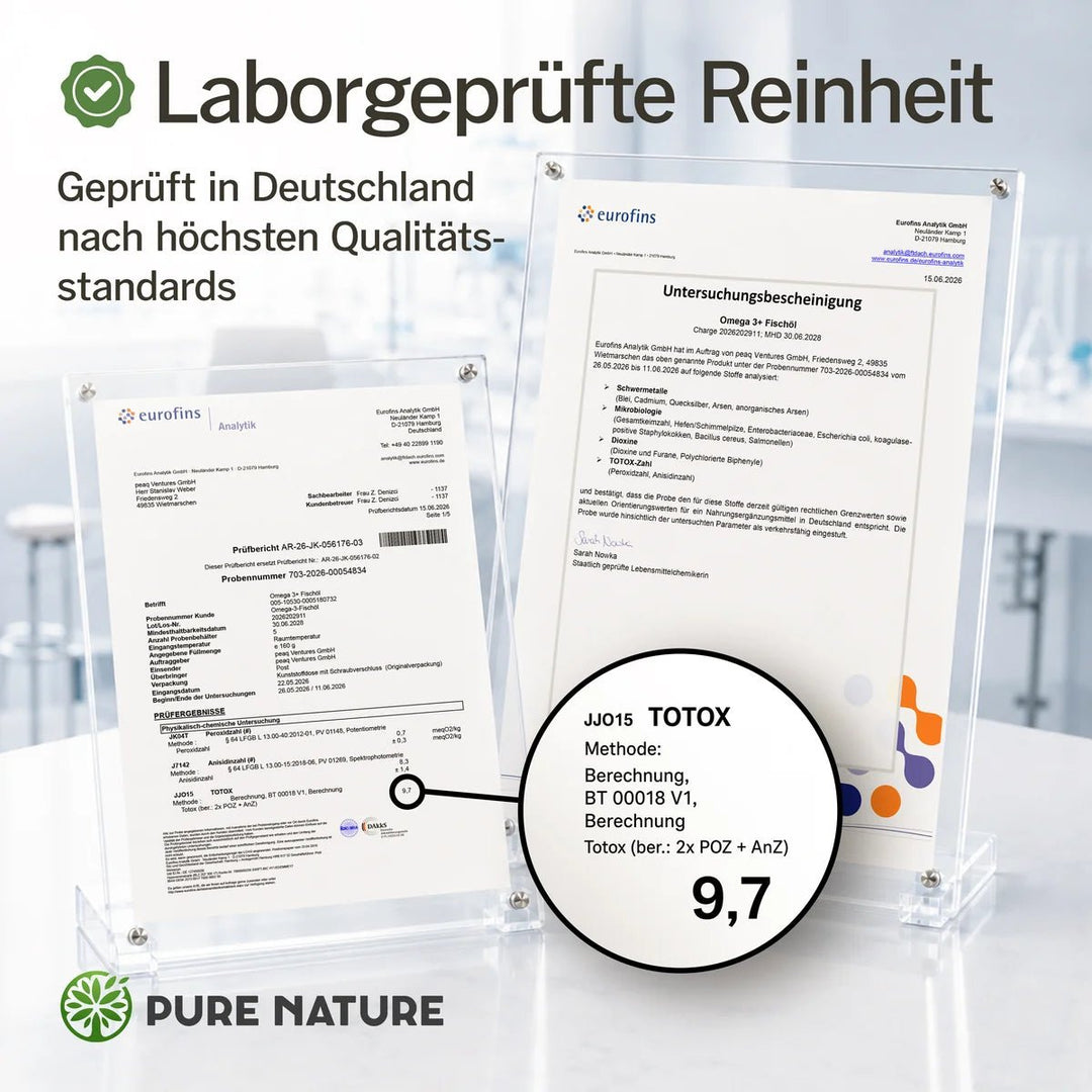 Pure Nature Omega-3 Bio-Algenöl vegan - Bild 6: Laborgepruefte Reinheit, Eurofins Untersuchungsbescheinigung mit TOTOX-Wert