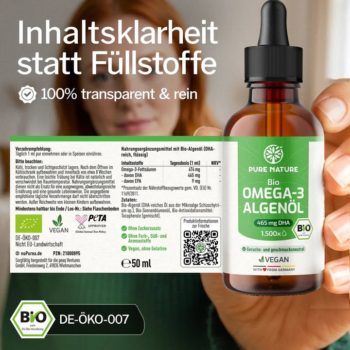 Pure Nature Omega-3 Bio-Algenöl vegan - Bild 8: Inhaltsklarheit statt Fuellstoffe, Etikett mit Naehrwerten und Bio-Siegel