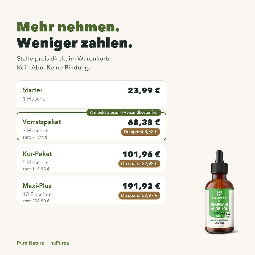 Pure Nature Omega-3 Bio-Algenöl vegan – 50 ml Tropfen (465 mg DHA) - Staffelpreise 1, 3, 5 und 10 Flaschen mit Ersparnis