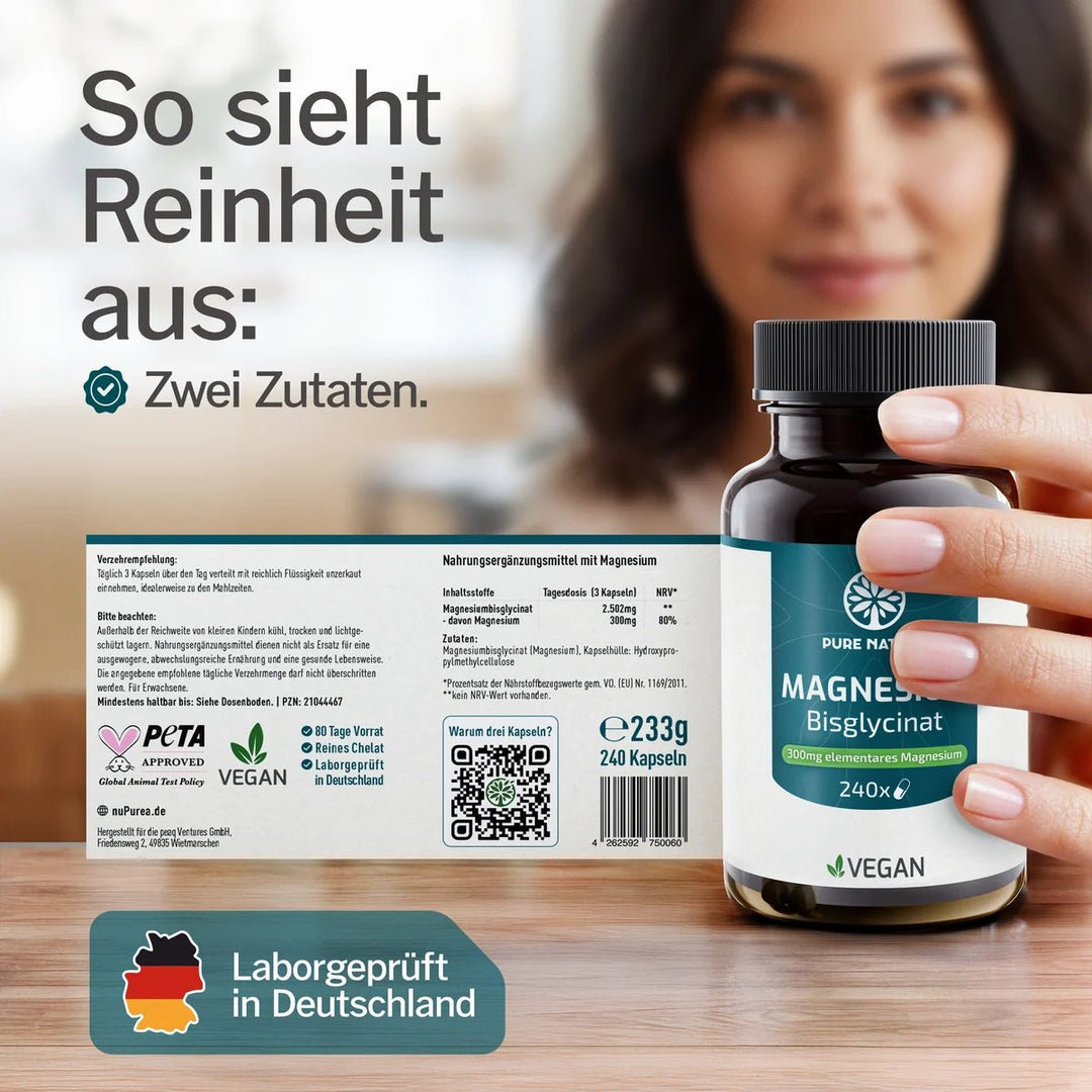 Pure Nature Magnesium Bisglycinat 240 Kapseln - Etikett mit Zutatenliste und Naehrwerten