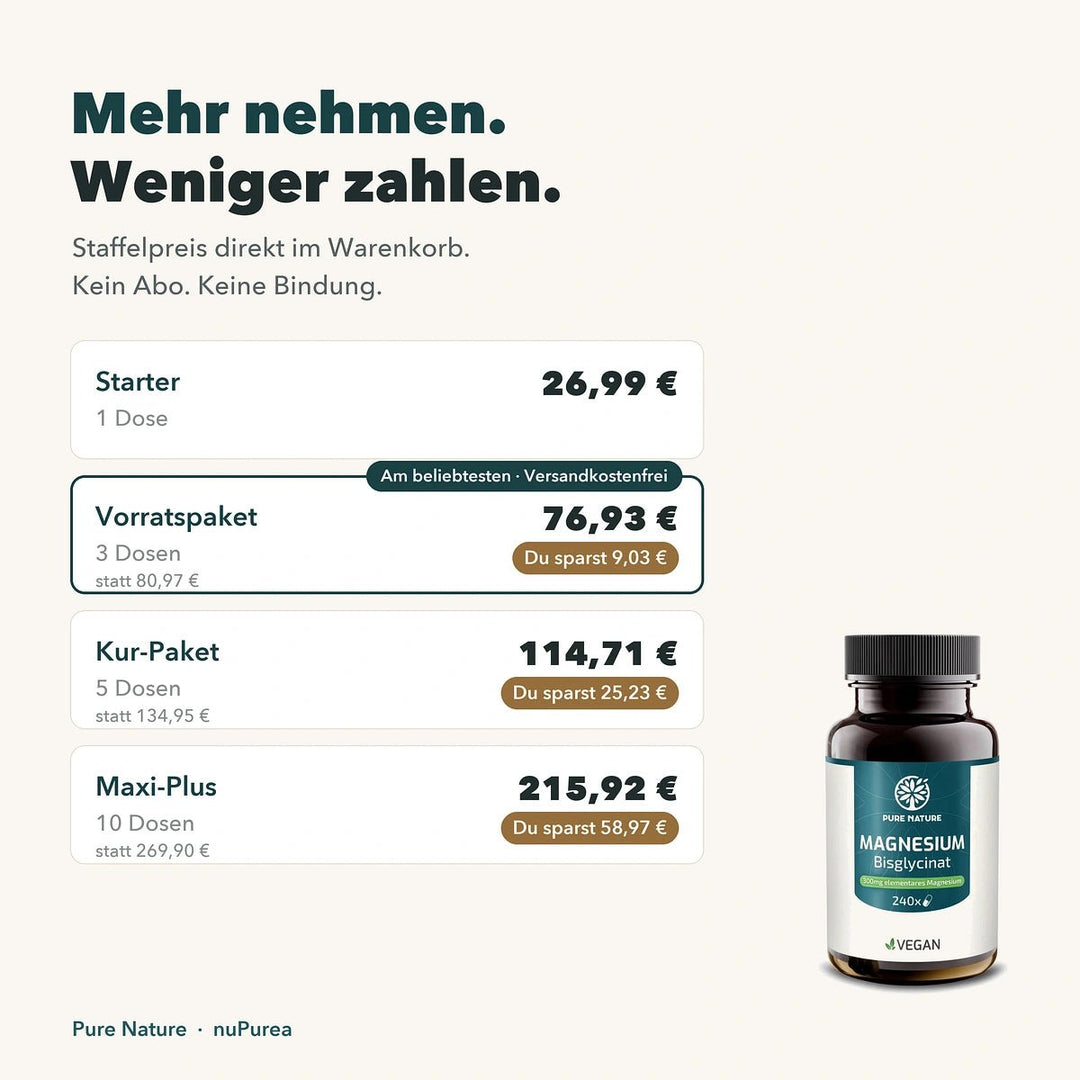 Pure Nature Magnesium Bisglycinat – 240 Kapseln (300 mg) - Staffelpreise 1, 3, 5 und 10 Dosen mit Ersparnis