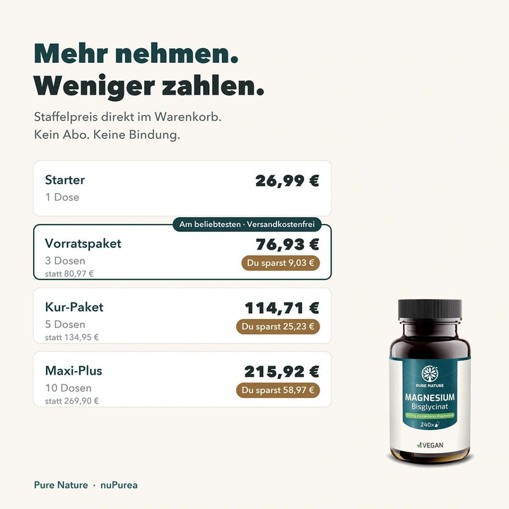 Pure Nature Magnesium Bisglycinat – 240 Kapseln (300 mg) - Staffelpreise 1, 3, 5 und 10 Dosen mit Ersparnis