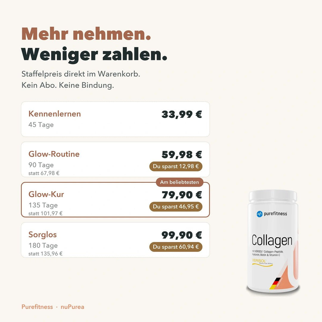 Purefitness VERISOL® Kollagen – 450g 4-in-1 Komplex - Staffelpreise 45, 90, 135 und 180 Tage mit Ersparnis
