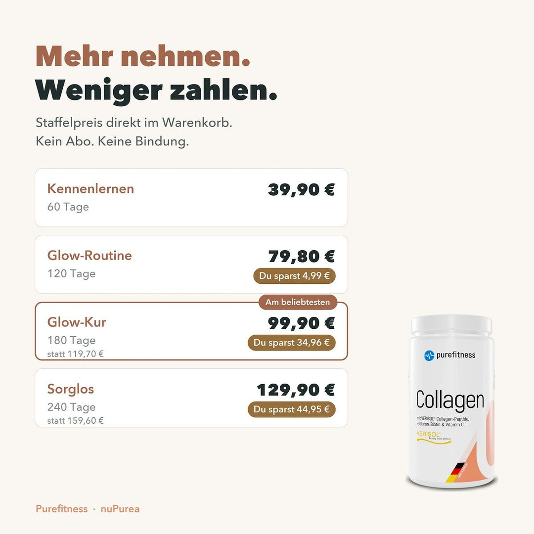 Purefitness VERISOL® Kollagen – 600g 4-in-1 Komplex - Staffelpreise 60, 120, 180 und 240 Tage mit Ersparnis