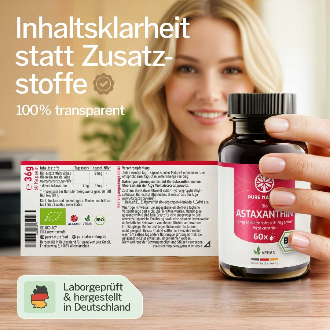 Pure Nature Bio Astaxanthin hochdosiert – 60 vegane Kapseln (12 mg) - Purefitness Nutrition