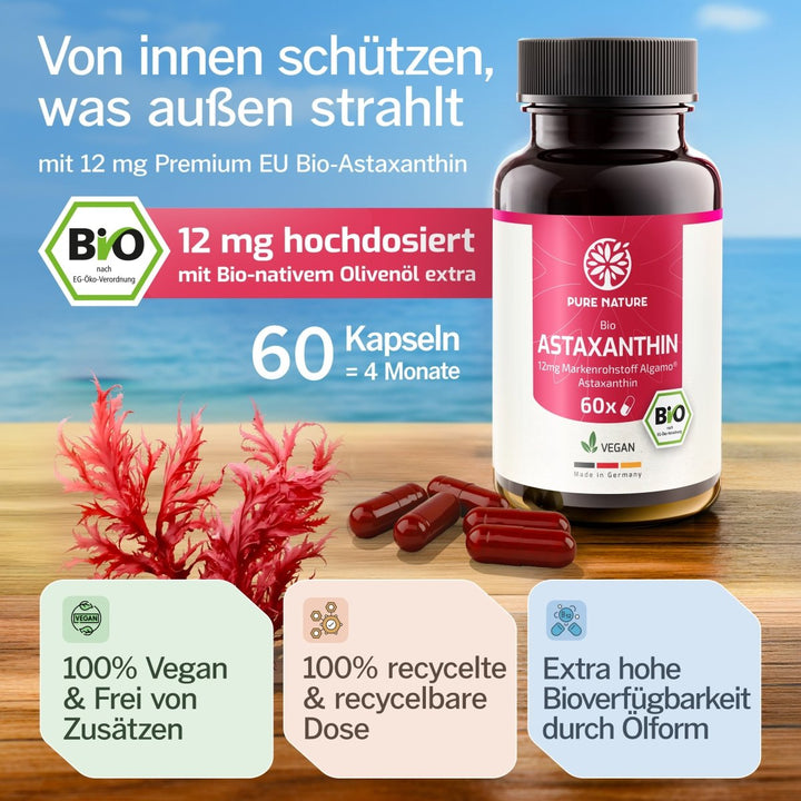 Pure Nature Bio Astaxanthin hochdosiert – 60 vegane Kapseln (12 mg) - Purefitness Nutrition