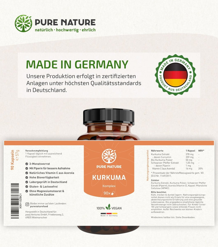 Pure Nature Kurkuma mit Piperin – 90 Kapseln (12.000 mg Komplex) - Purefitness Nutrition