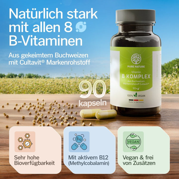 Pure Nature Vitamin B Komplex – 90 Kapseln aus Bio - Buchweizen - Purefitness Nutrition